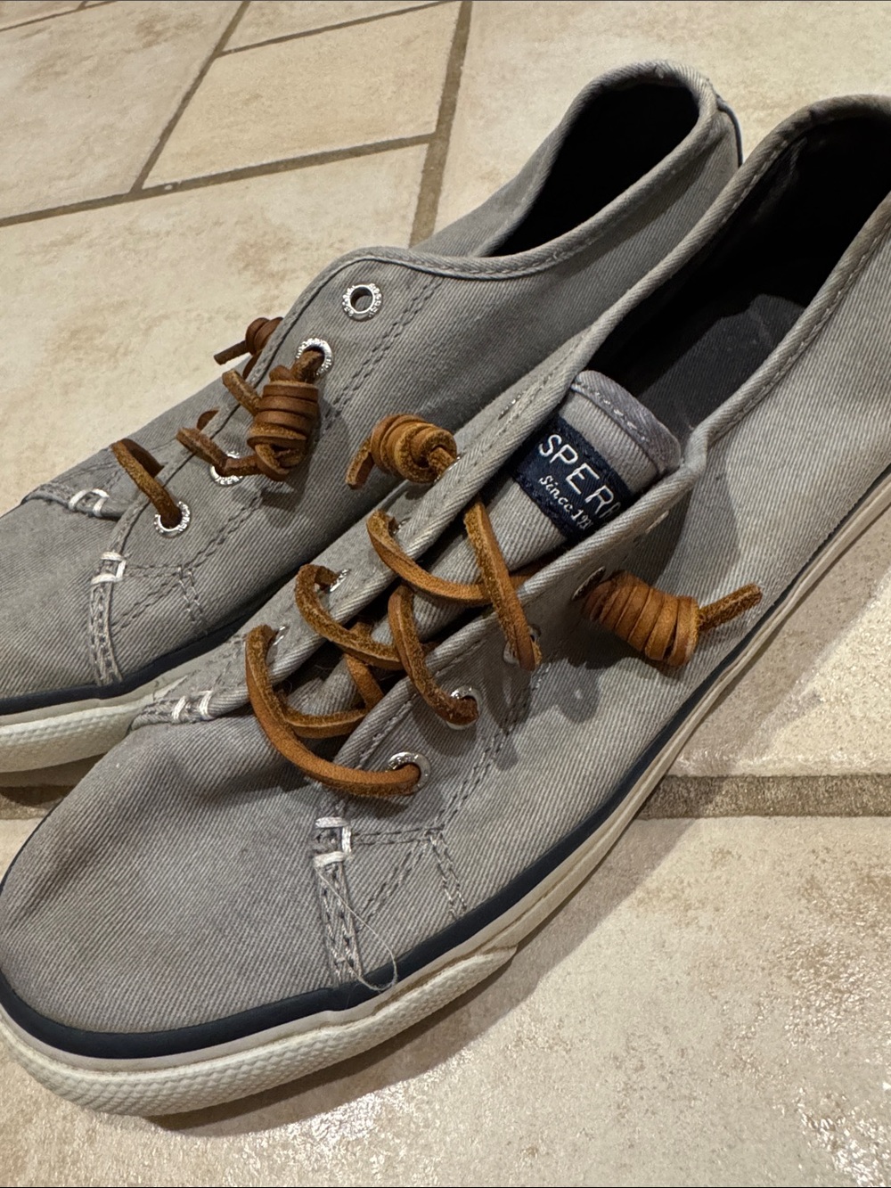 Sperry Gray Canvas Sneakers with Brown Leather Laces